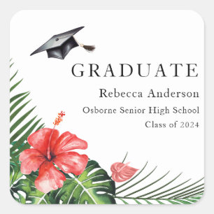 赤いハイビスカス　トロピカル　卒業　丸型ステッカー スクエアシール