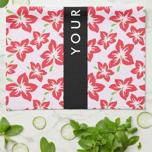 赤いハイビスカス、赤い花、あなたの名前 キッチンタオル (折り畳み)