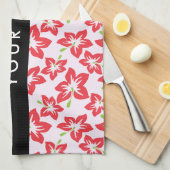 赤いハイビスカス、赤い花、あなたの名前 キッチンタオル (四つ折り)