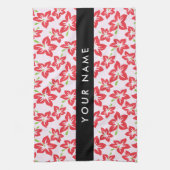 赤いハイビスカス、赤い花、あなたの名前 キッチンタオル (縦)