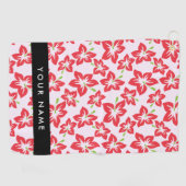 赤いハイビスカス、赤い花、あなたの名前 ゴルフタオル (横)