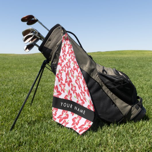 赤いハイビスカス、赤い花、あなたの名前 ゴルフタオル (グリーン)