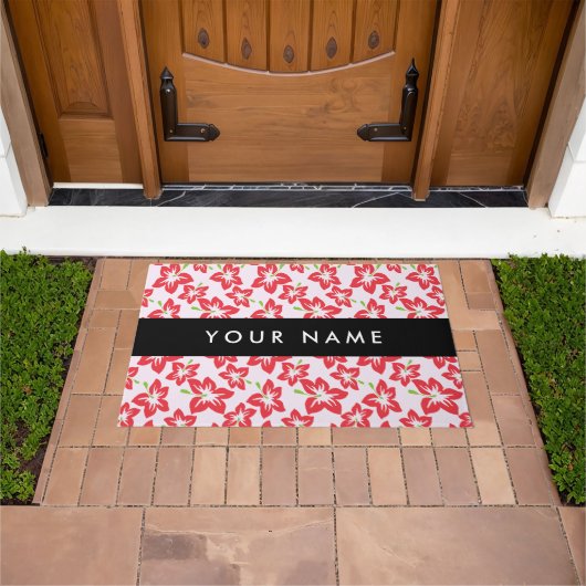 赤いハイビスカス、赤い花、あなたの名前 ドアマット (室外)