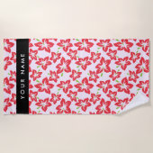 赤いハイビスカス、赤い花、あなたの名前 ビーチタオル (正面)