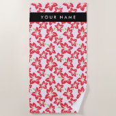 赤いハイビスカス、赤い花、あなたの名前 ビーチタオル (正面)