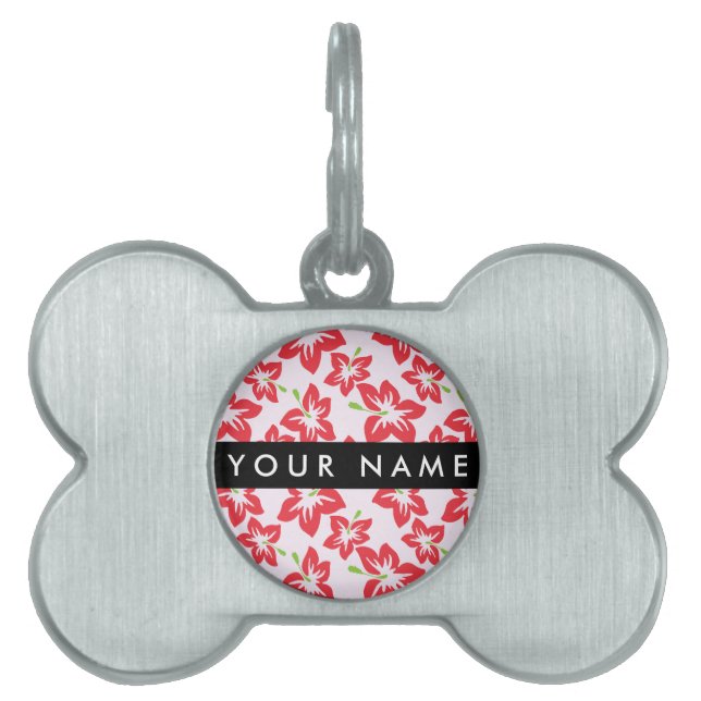 赤いハイビスカス、赤い花、あなたの名前 ペットネームタグ (正面)