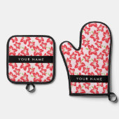 赤いハイビスカス、赤い花、あなたの名前 鍋つかみ&鍋敷きセット (正面)