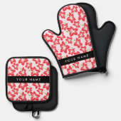 赤いハイビスカス、赤い花、あなたの名前 鍋つかみ&鍋敷きセット (正面/裏面)