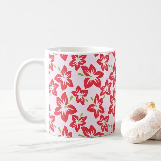 赤いハイビスカス、赤い花、花のパターン コーヒーマグカップ (ドーナツ)