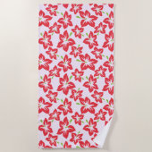 赤いハイビスカス、赤い花、花のパターン ビーチタオル (正面)