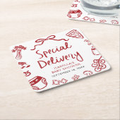 赤いハンドドローピザスペシャルデリバリーベビーシャワー スクエアペーパーコースター (アングル)