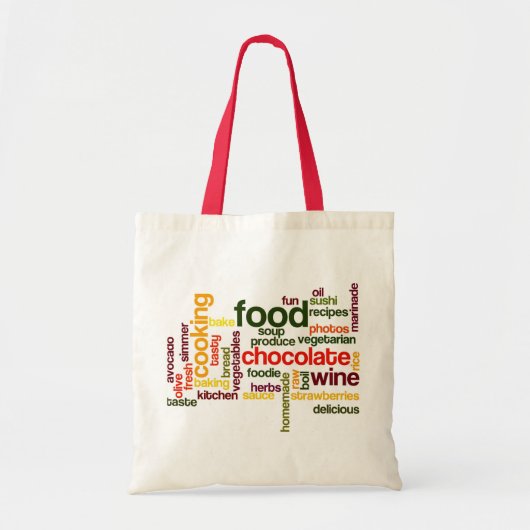 赤いハンドルが付いているおもしろいの食糧買い物袋の単語の雲 トートバッグ (正面)
