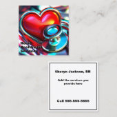 赤いハートおよびクローム聴診器ヘルスケア スクエア名刺 (正面/裏面)