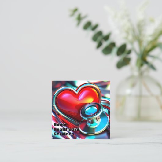 赤いハートおよびクローム聴診器ヘルスケア スクエア名刺 (スタンド正面)