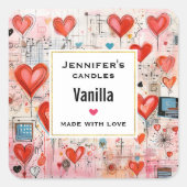 赤いハートお洒落ラブパターンキャンドルビジネス スクエアシール (正面)