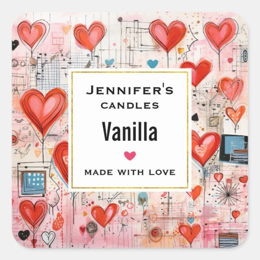 赤いハートお洒落ラブパターンキャンドルビジネス スクエアシール (正面)