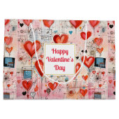 赤いハートお洒落ラブパターンバレンタインデー ラージペーパーバッグ (裏面)