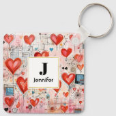 赤いハートお洒落ラブパターンモノグラム キーホルダー (裏面)