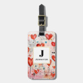 赤いハートお洒落ラブパターンモノグラム ラゲッジタグ (正面縦)