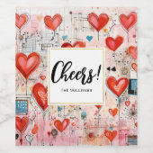 赤いハートお洒落ラブパターン応援! ワインラベル (シングルラベル)