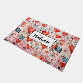 赤いハートお洒落ラブパターン歓迎 ドアマット (アングル)