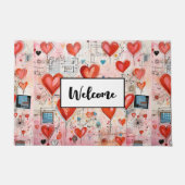 赤いハートお洒落ラブパターン歓迎 ドアマット (正面)