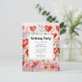 赤いハートお洒落ラブパターン誕生日招待状 インビテーションポストカード (スタンド正面)