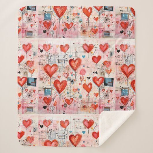 赤いハートお洒落ラブパターン シェルパブランケット (正面)