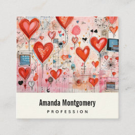 赤いハートお洒落ラブパターン スクエア名刺