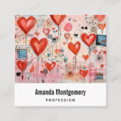 赤いハートお洒落ラブパターン スクエア名刺 (正面)