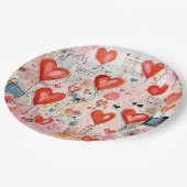 赤いハートお洒落ラブパターン ペーパープレート (アングル)