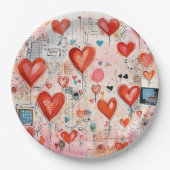 赤いハートお洒落ラブパターン ペーパープレート (正面)