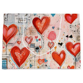 赤いハートお洒落ラブパターン ラージペーパーバッグ (正面)