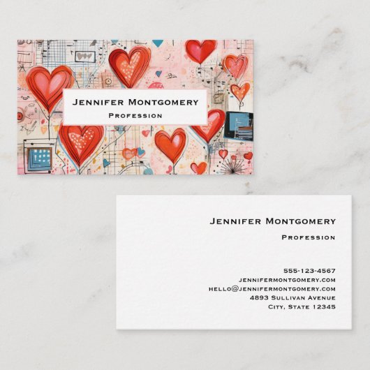 赤いハートお洒落ラブパターン 名刺 (正面/裏面)