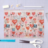 赤いハートお洒落ラブパターン 薄葉紙 (クラフト)