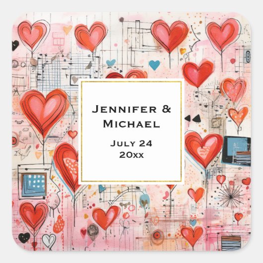 赤いハートお洒落ラブパタ結婚ーンの日付 スクエアシール (正面)