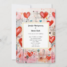 赤いハートお洒落ラブパタ結婚ーン 招待状