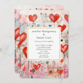 赤いハートお洒落ラブパタ結婚ーン 招待状 (正面/裏面)