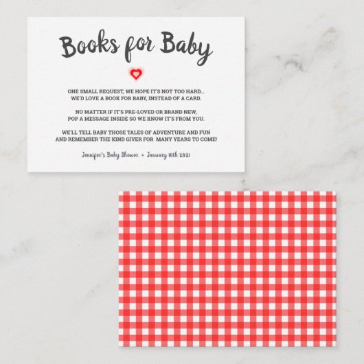 赤いハートが本のモダンベビーシャワーを持ってくる エンクロージャーカード (正面/裏面)