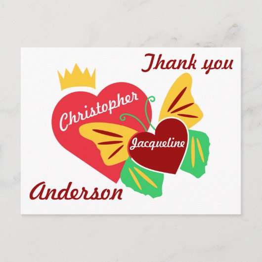 赤いハートたち、蝶々 ありがとう ポストカード (正面)