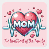 赤いハートで家族の母の心拍 スクエアシール (正面)