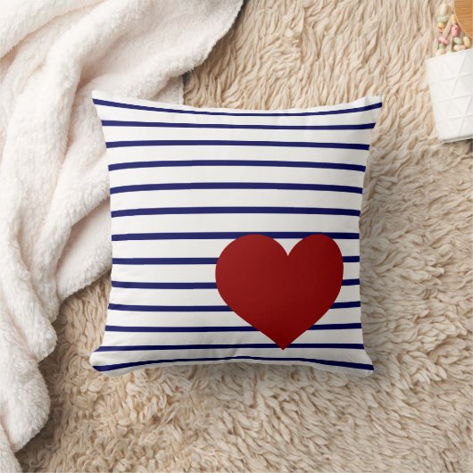 赤いハートとの白の濃紺のストライプ クッション (ブランケット)
