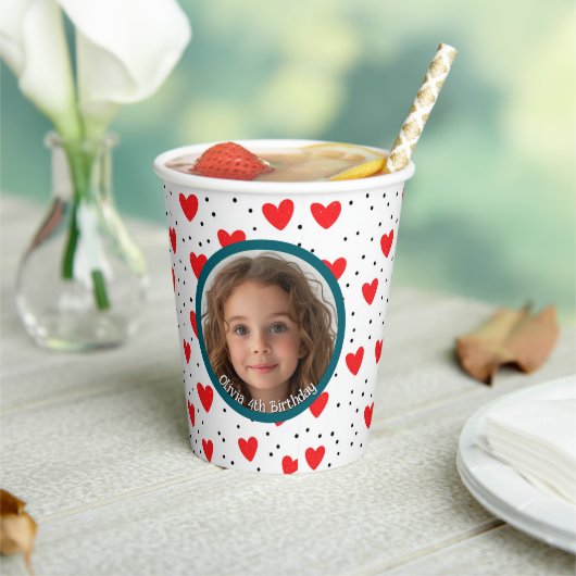 赤いハートとカスタム写真と名前紙 紙コップ (インサイチュ)