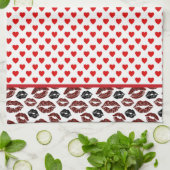 赤いハートとキス キッチンタオル (折り畳み)