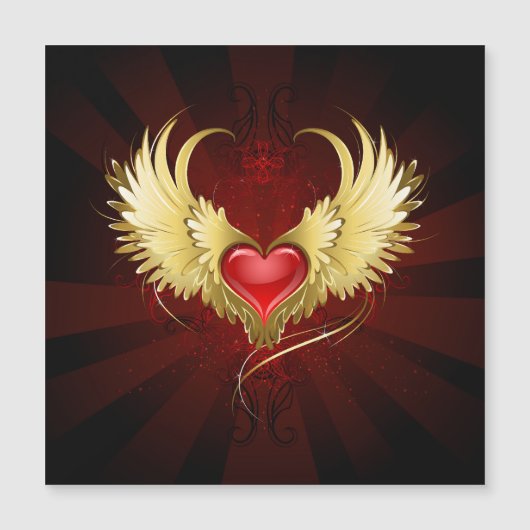 赤いハートとゴールデンウィングス マグネット招待状 (正面)