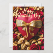 赤いハートとゴールデンリボンとバラバレンタイン カード (正面)