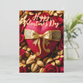 赤いハートとゴールデンリボンとバラバレンタイン カード (スタンド正面)