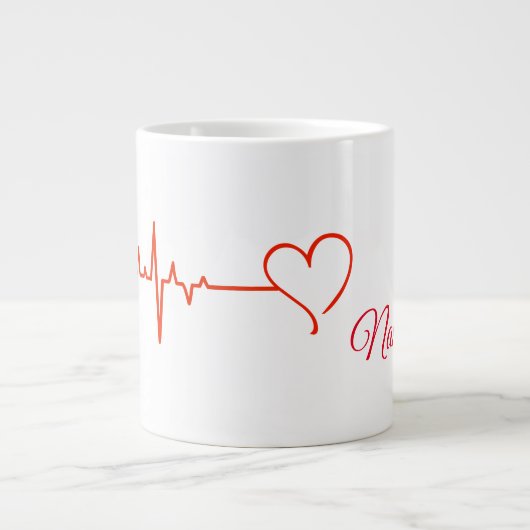 赤いハートとハートレートマグ(名前あり) ジャンボコーヒーマグカップ (正面)