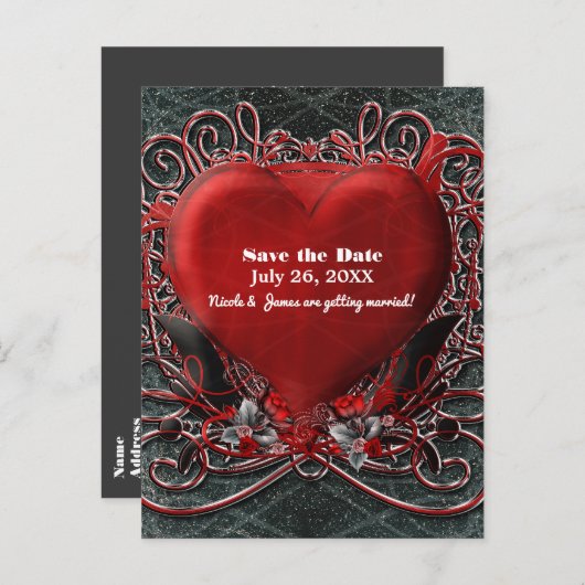 赤いハートとバラのゴシックバレンタイン セーブ・ザ・デート 案内ポストカード (正面/裏面)