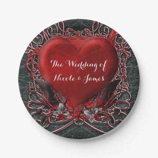 赤いハートとバラゴシックのバレンタインの結婚披露宴 ペーパープレート (正面)